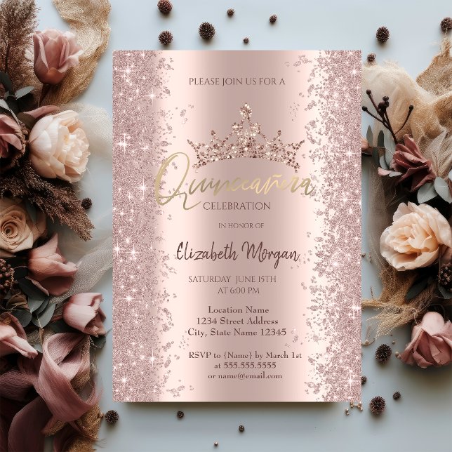 Chic Rosa Guld Glitter Damm Krona Quinceañera Inbjudningar (Skapare uppladdad)