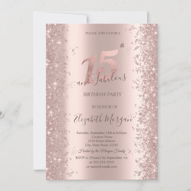 Chic Rosa Guld Glitter Diamanter 15-årsdag Inbjudningar (Framsida)