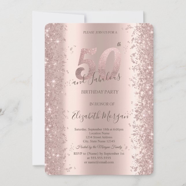 Chic Rosa Guld Glitter Diamanter 50-års Födelsedag Inbjudningar (Framsida)