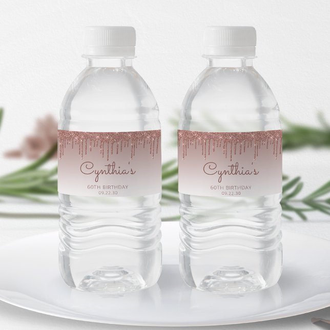 Chic Rosa Guld Glitter Drip 60-årsfest Vattenflaskor Etikett (Skapare uppladdad)