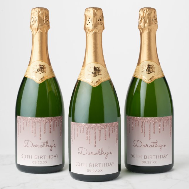 Chic Rosa Guld Glitter Drip 90-års Födelsedagsfest (Flaskor)
