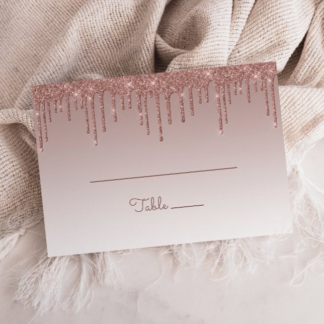 Chic Rosa Guld Glitter Dropp Fest Stor Platt Placeringskort (Skapare uppladdad)