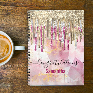 Chic rosa guld glitter droppar i monogram anteckningsbok