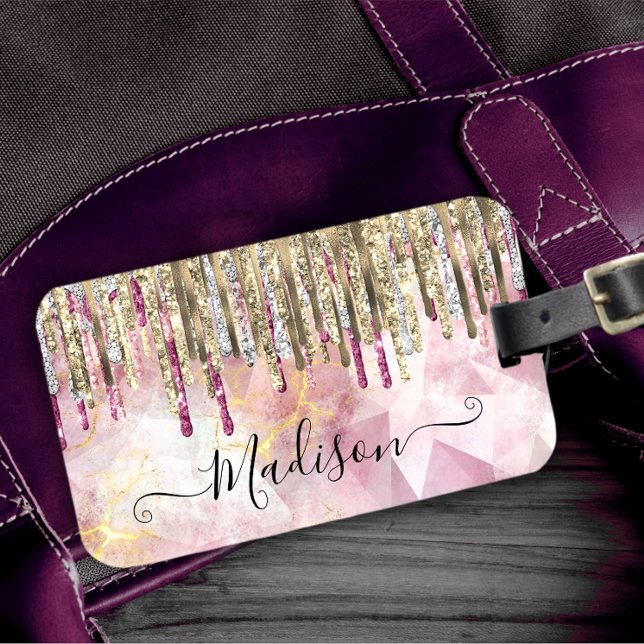 Chic rosa guld glitter droppar i monogram bagagebricka (Skapare uppladdad)