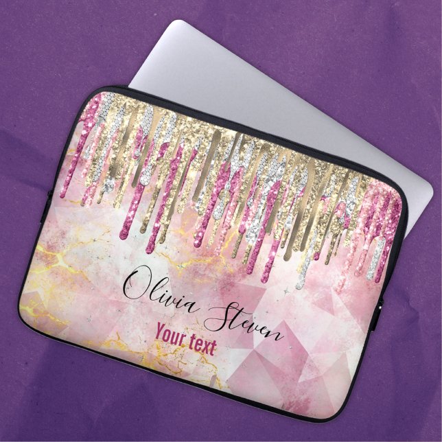 Chic rosa guld glitter droppar i monogram laptop fodral (Skapare uppladdad)