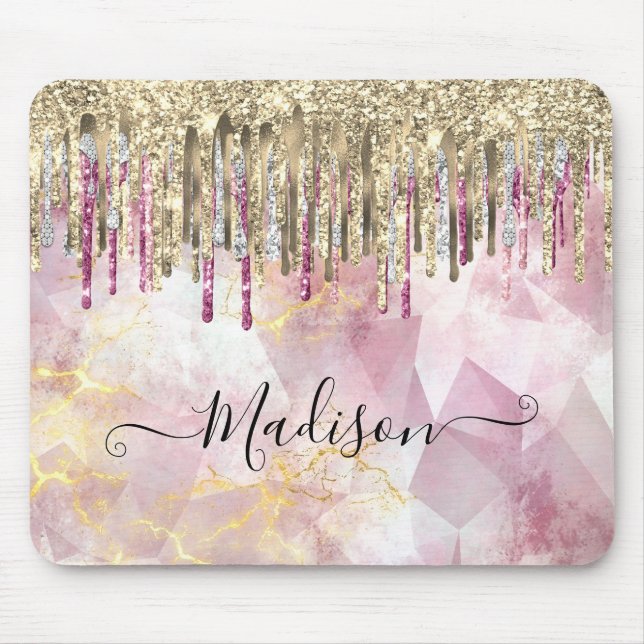 Chic rosa guld glitter droppar i monogram musmatta (Framsidan)