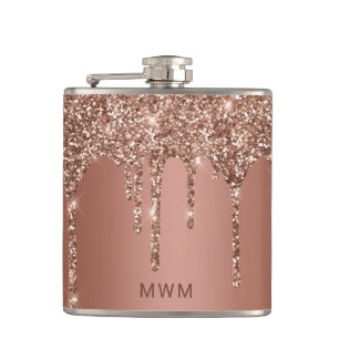 Chic Rosa Guld Glitter Glans Drips Monogram 6 oz Fickplunta