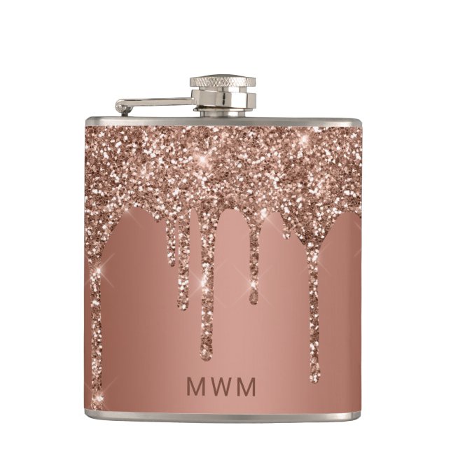 Chic Rosa Guld Glitter Glans Drips Monogram 6 oz Fickplunta (Framsidan)