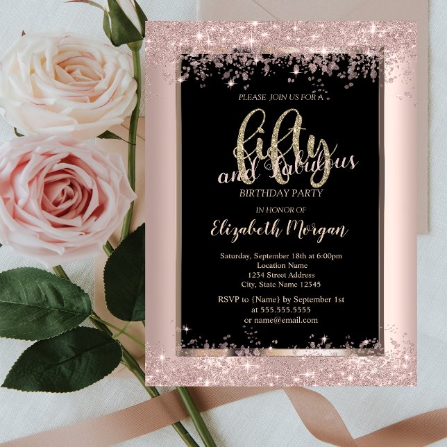 Chic Rosa Guld Glitter Gnistrar 50-årsdag  Inbjudningar (Skapare uppladdad)