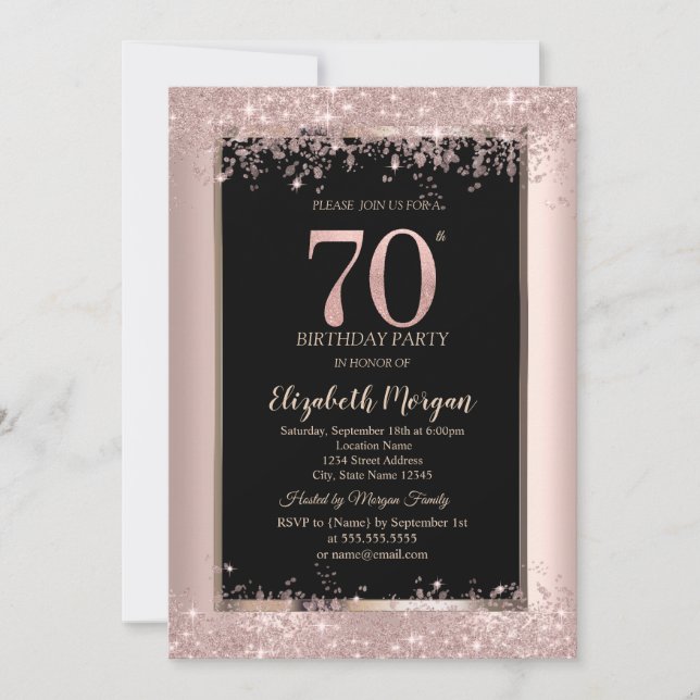 Chic Rosa Guld Glitter Gnistrar 70-årsdag  Inbjudningar (Framsida)