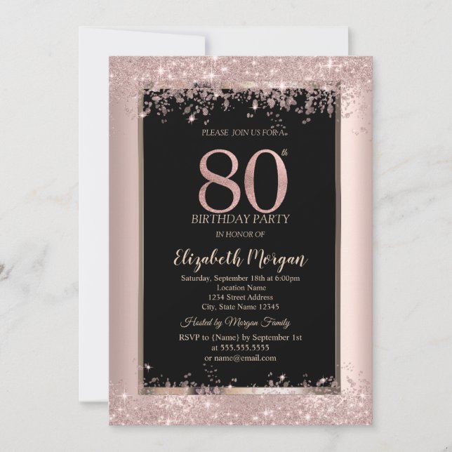 Chic Rosa Guld Glitter Gnistrar 80-års Födelsedag Inbjudningar (Framsida)