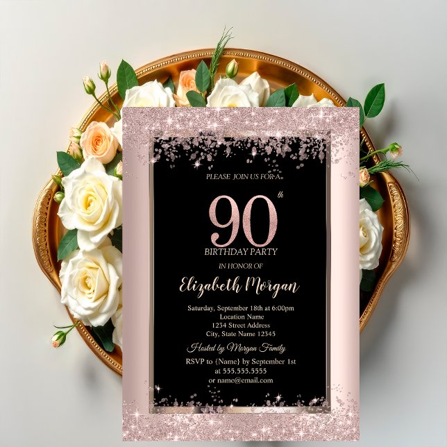 Chic Rosa Guld Glitter Gnistrar 90-års Födelsedag Inbjudningar (Skapare uppladdad)