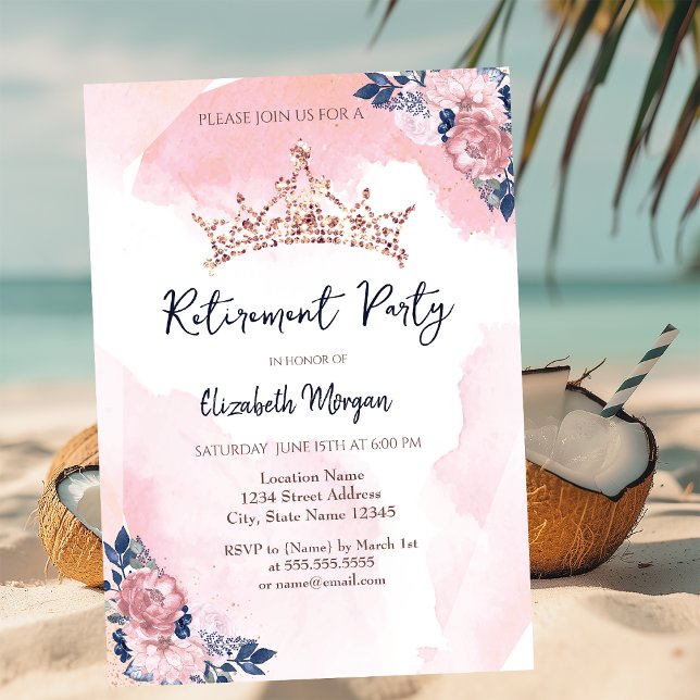 Chic Rosa Guld Glitter Kron Blommor Pensionering Inbjudningar (Skapare uppladdad)