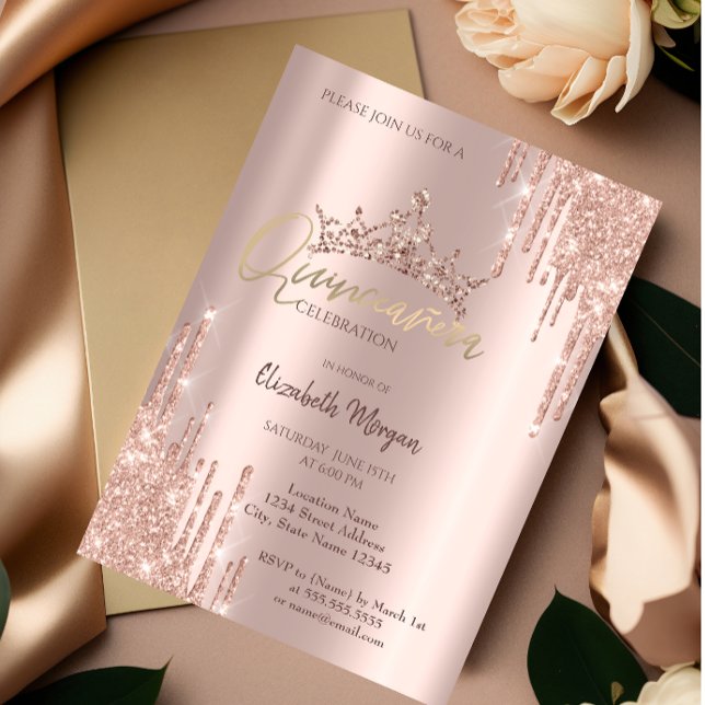 Chic Rosa Guld Glitter Kronan Drop Quinceañera Inbjudningar (Skapare uppladdad)