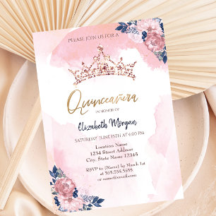 Chic Rosa Guld Glitter Kronblommor Quinceanera Inbjudningar