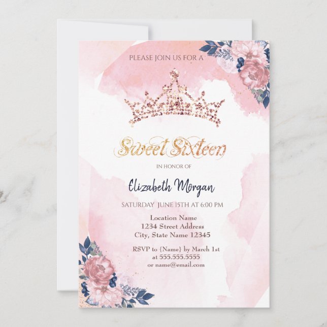 Chic Rosa Guld Glitter Kronblommor Sweet 16 Inbjudningar (Framsida)
