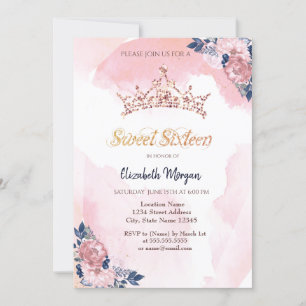 Chic Rosa Guld Glitter Kronblommor Sweet 16 Inbjudningar