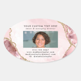Chic  Rosa Guld Glitter Marble Photo Business Ovalt Klistermärke