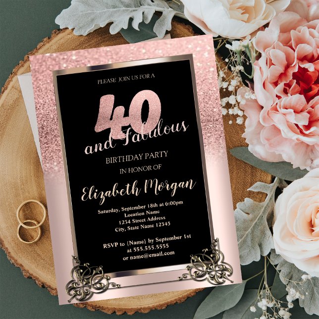 Chic Rosa Guld Glitter Ombre 40-års Födelsedagsfes Inbjudningar (Skapare uppladdad)