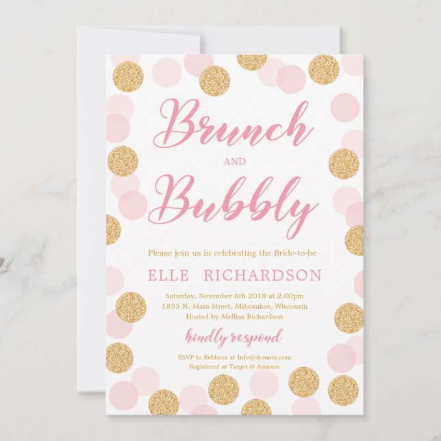 Chic Rosa guld glitter polka prick brunch och bubb Inbjudningar (Framsida)