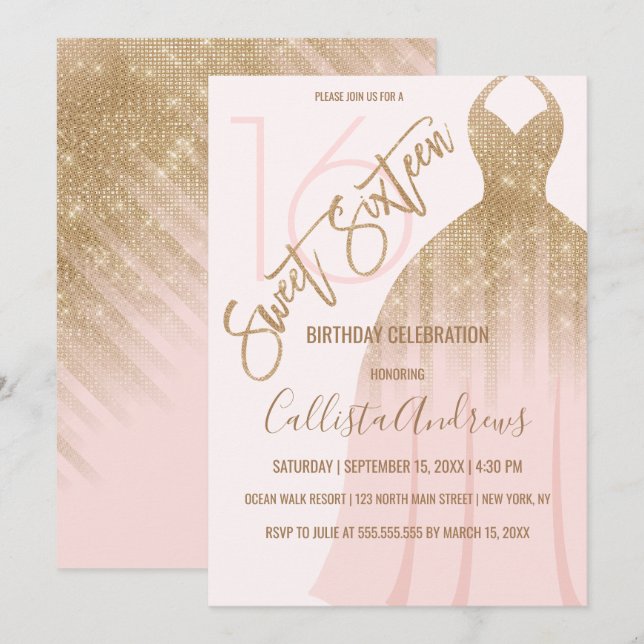 Chic Rosa Guld Glitter Princess Dress Sweet 16 Inbjudningar (Fram/baksida)