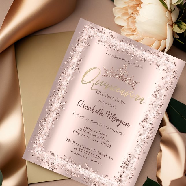 Chic Rosa Guld Glitter Ram Krona Quinceañera   Inbjudningar (Skapare uppladdad)