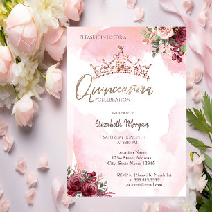 Chic Rosa Guld Glitter Rosor Krona Quinceañera Inbjudningar