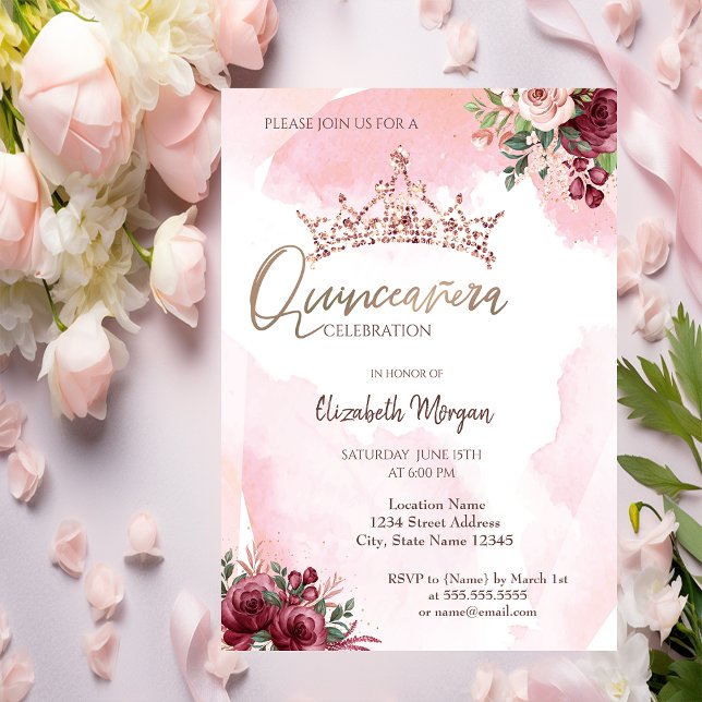Chic Rosa Guld Glitter Rosor Krona Quinceañera Inbjudningar (Skapare uppladdad)