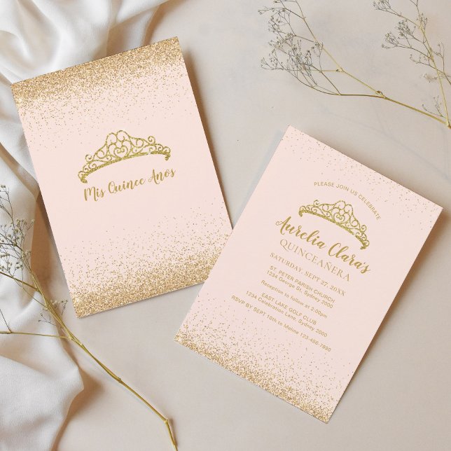 Chic  Rosa Guld Glitter Tiara Quinceanera Inbjudningar (Skapare uppladdad)