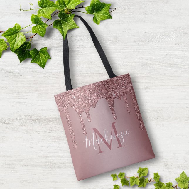 Chic Rosa Guld Glitterdrop Monogram Tygkasse (Chic Rose Gold Glitter Drips Monogram Tote Bag)