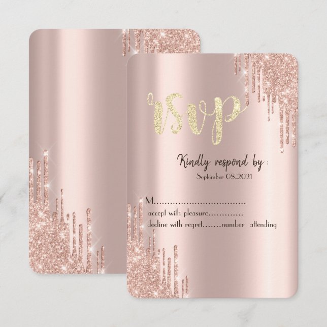 Chic Rosa Guld Glitterdropar RSVP Inbjudningar (Fram/baksida)