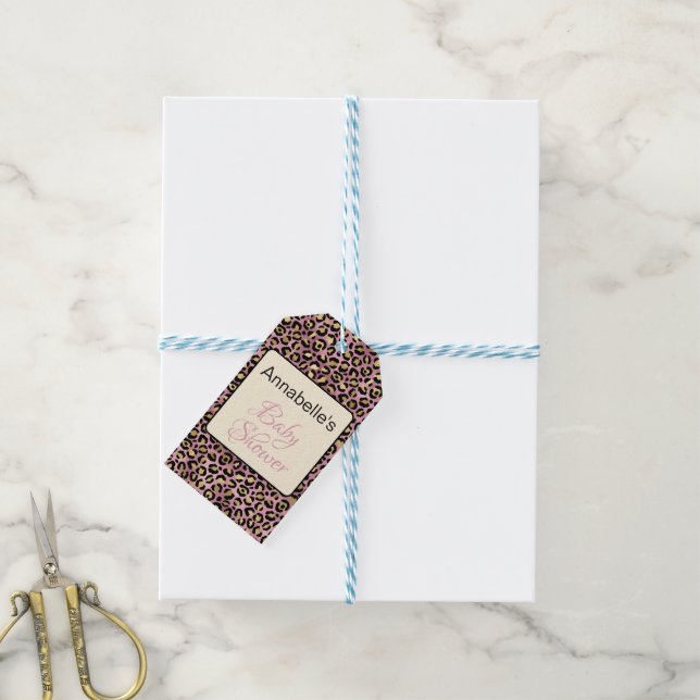 Chic Rosa Guld Leopard Mönster Baby Shower  Presentetikett (Med Snöre)