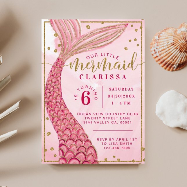 Chic Rosa Guld Little Sjöjungfru Birthday-inbjudan Inbjudningar (Skapare uppladdad)