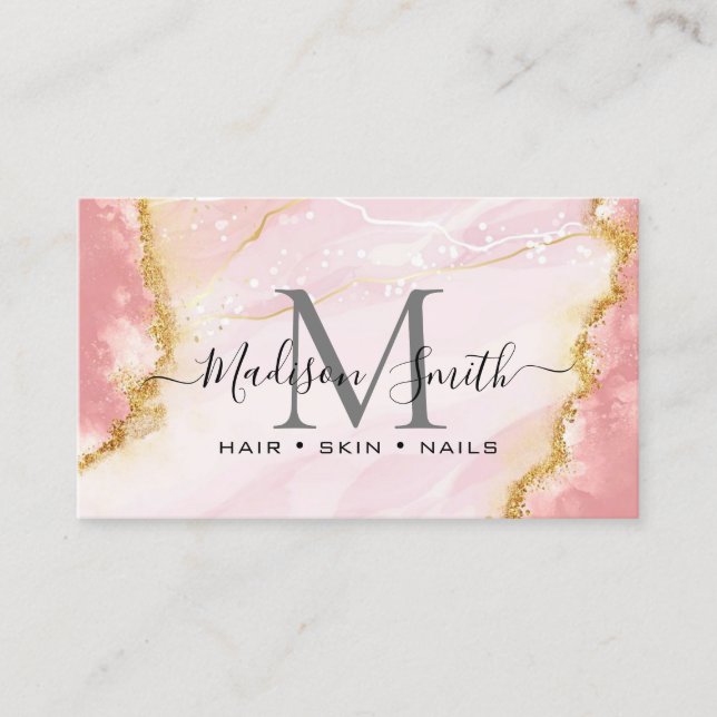 Chic  Rosa Guld marble Agate Monogram Visitkort (Framsida)