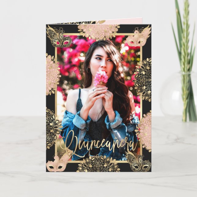 Chic Rosa Guld Masqueramasken Español Quinceañera Inbjudan (Framsida)