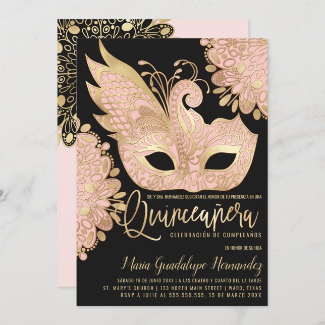 Chic Rosa Guld Masqueramasken Español Quinceañera Inbjudningar (Fram/baksida)