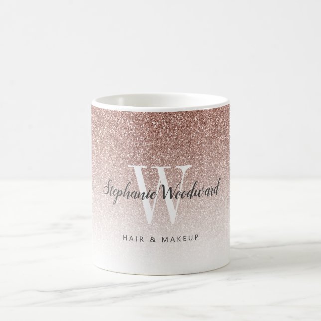 Chic Rosa Guld Ombre Glitter Monogram Hår Salong Kaffemugg (Center)
