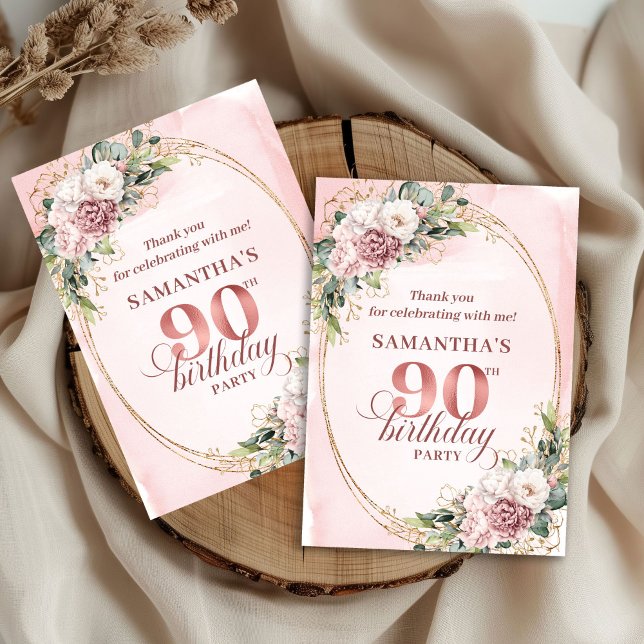 Chic Rosa Guld Pastell Rosa Blommig 50-årsdag  Tack Kort (Elegant Rose Gold Eucalyptus 90th Birthday Thank You)