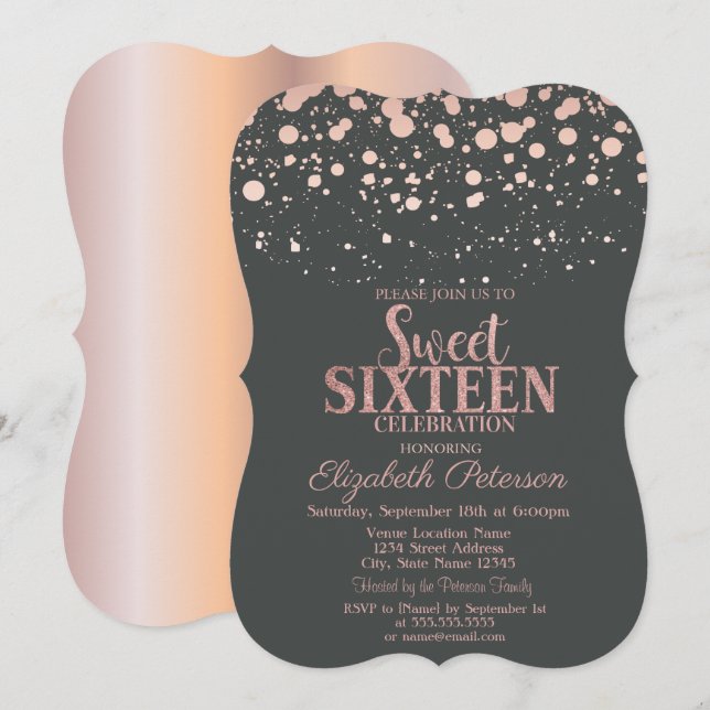 Chic Rosa Guld Prickar Grå Sweet 16 Inbjudningar (Fram/baksida)