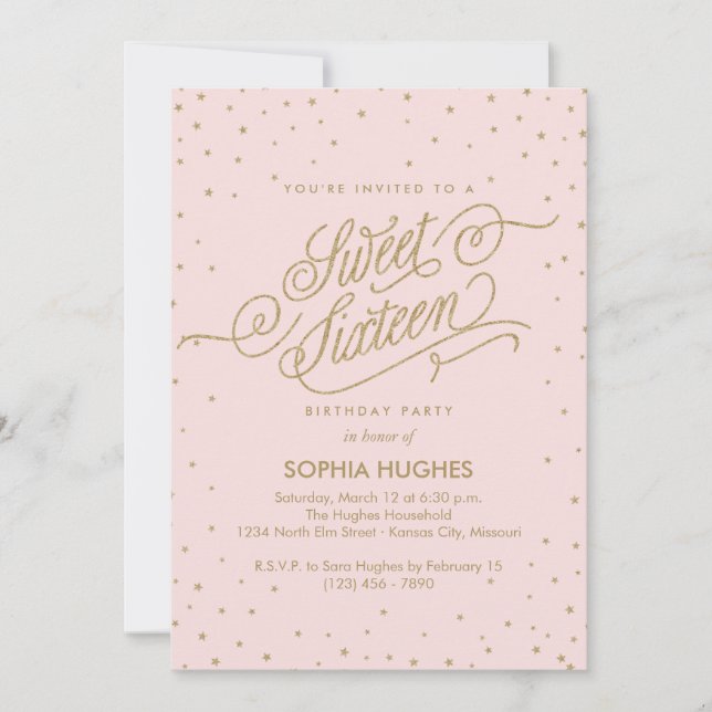 Chic Rosa & Guld Stars Sweet sixteen Party Inbjudningar (Framsida)