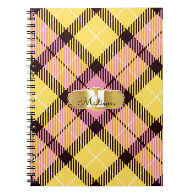 Chic Rosa Gult Tartan Guld Monogram Script Namn Anteckningsbok (Framsidan)