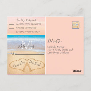 Chic Rosa Hearts Sand Beach Wedding OSA Vykort