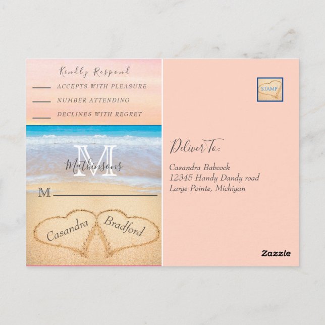 Chic  Rosa Hearts Sand Beach Wedding OSA Vykort (Baksida)