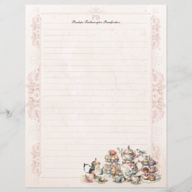 Chic Rosa High Tea Party Monogram Lintrad statione (Framsida)