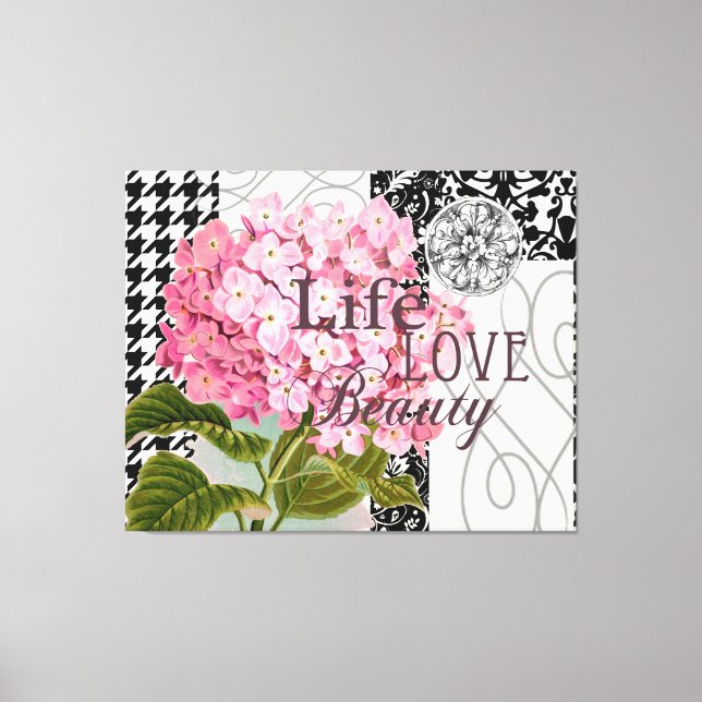 Chic Rosa Hydrangea Collage Vintage Damask Konst Canvastryck (Framsida)