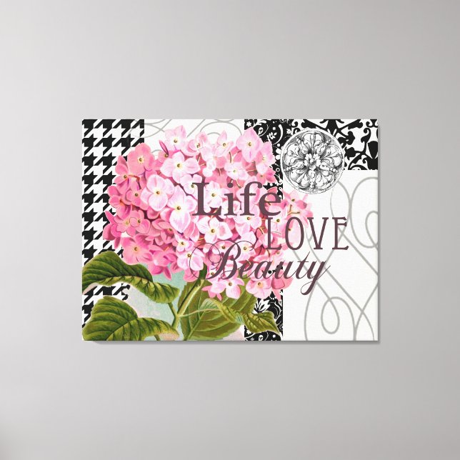Chic Rosa Hydrangea Collage Vintage Damask Konst Canvastryck (Framsida)
