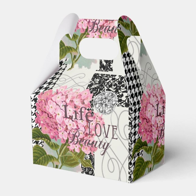 Chic Rosa Hydrangea Collage Vintage Damask Konst Presentaskar (Framsidan Sidan)