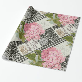 Chic Rosa Hydrangea Collage Vintage Damask Konst Presentpapper