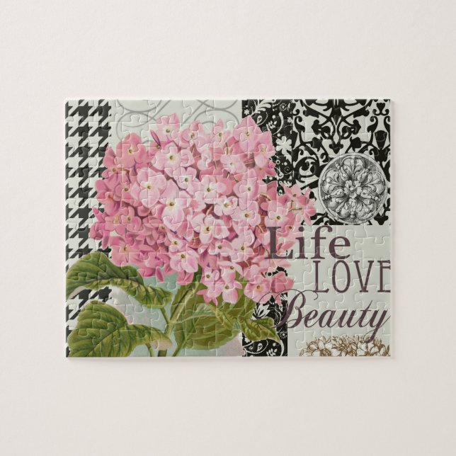 Chic Rosa Hydrangea Collage Vintage Damask Konst Pussel (Horisontell)