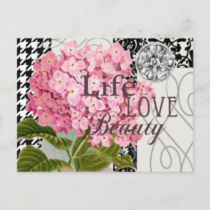 Chic Rosa Hydrangea Collage Vintage Damask Konst Vykort